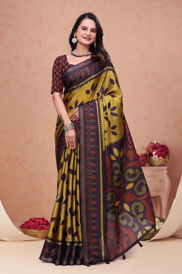 Mustard Purple Mal Cotton Printed Saree with Designer Pallu