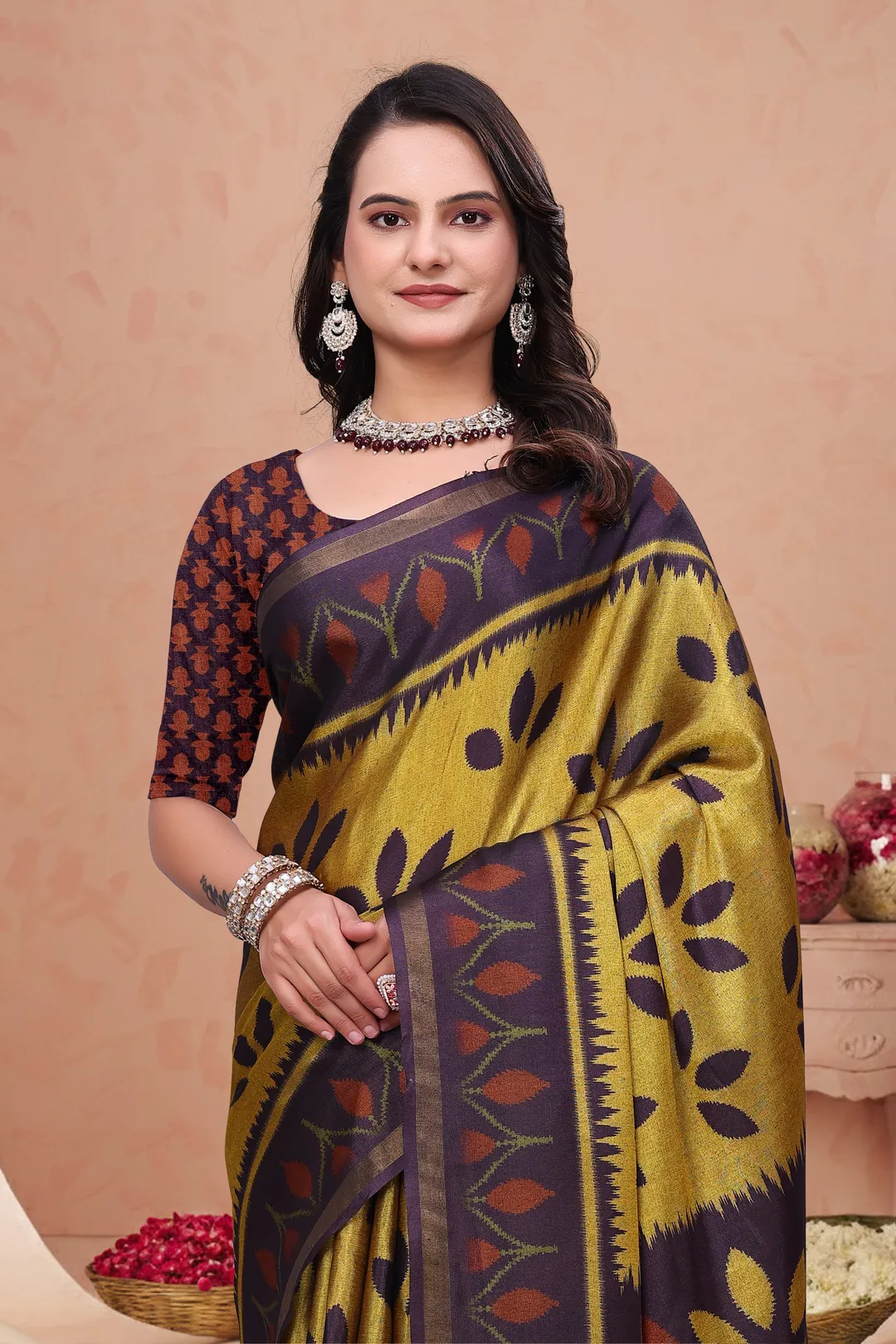Mustard Purple Mal Cotton Printed Saree with Designer Pallu