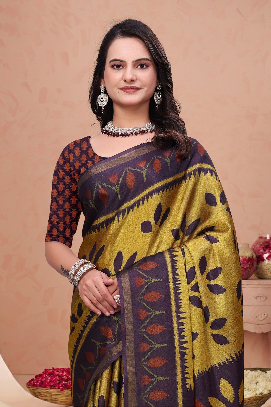 Mustard Purple Mal Cotton Printed Saree with Designer Pallu