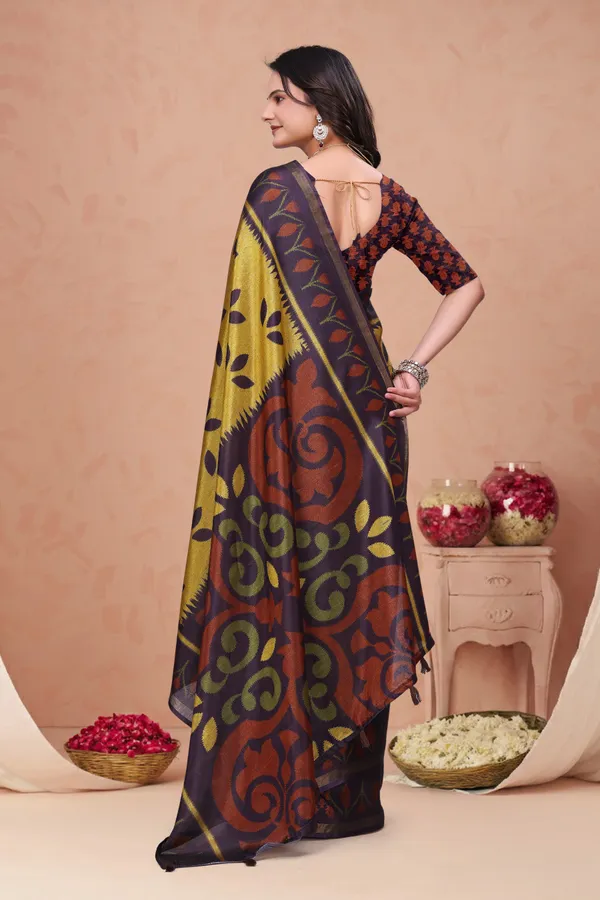 Mustard Purple Mal Cotton Printed Saree with Designer Pallu
