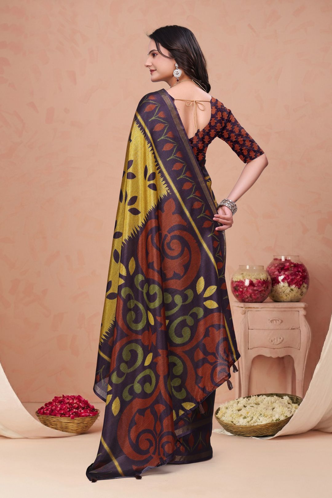 Mustard Purple Mal Cotton Printed Saree with Designer Pallu