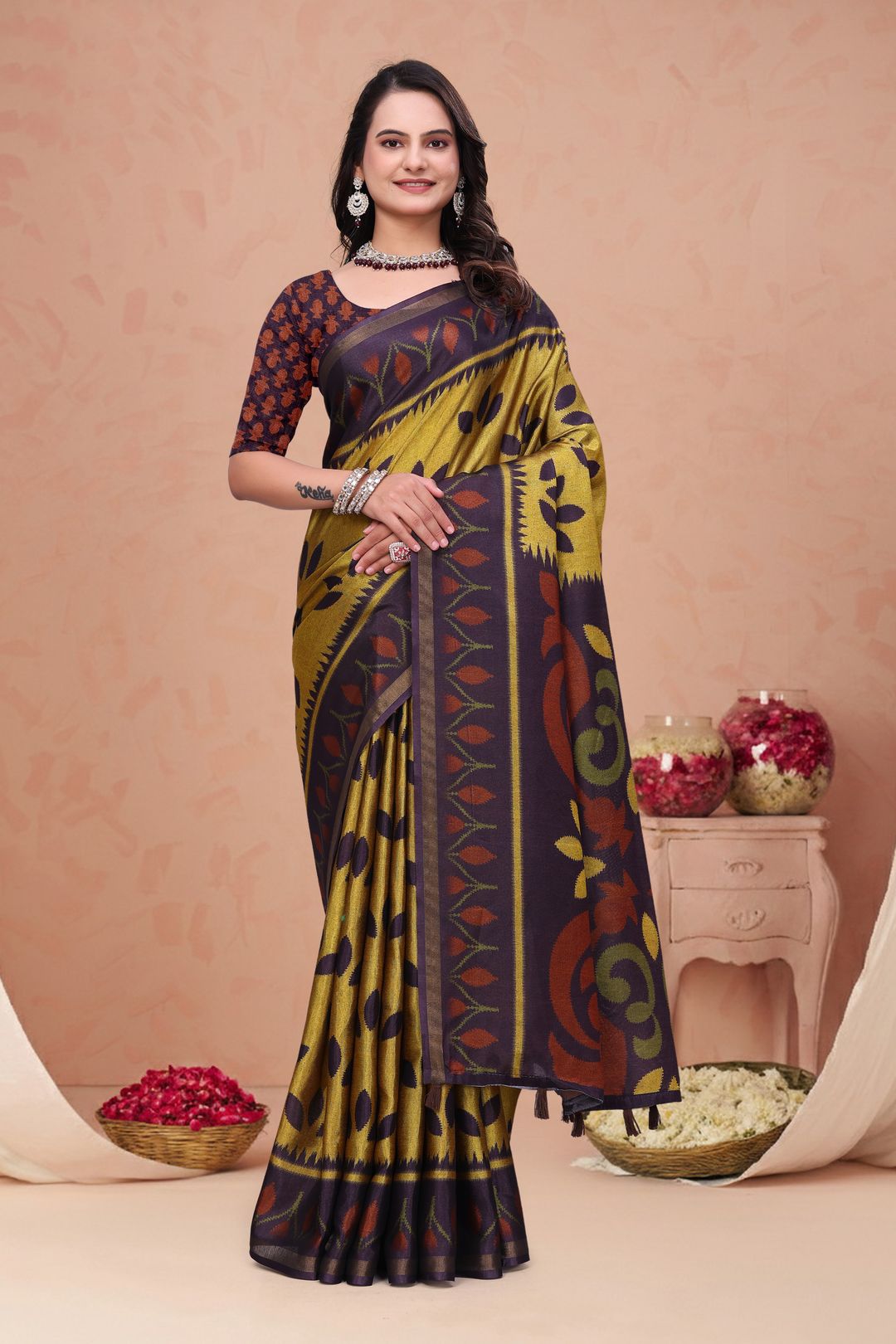 Mustard Purple Mal Cotton Printed Saree with Designer Pallu