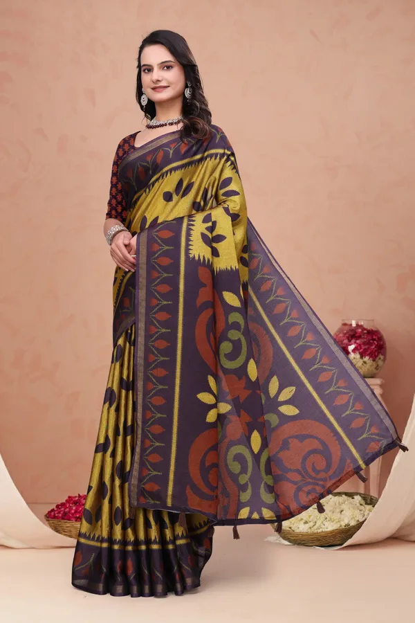 Mustard Purple Mal Cotton Printed Saree with Designer Pallu