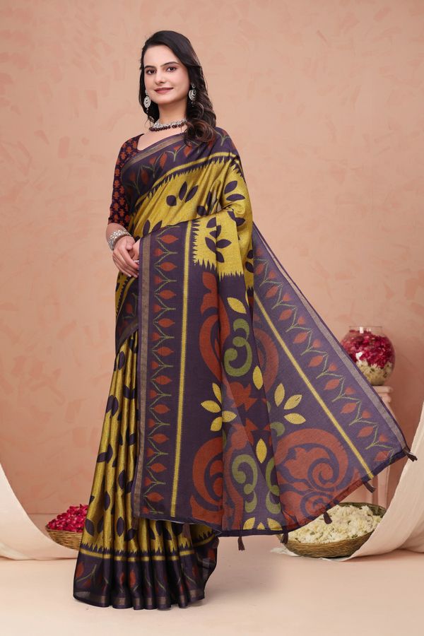 Mustard Purple Mal Cotton Printed Saree with Designer Pallu