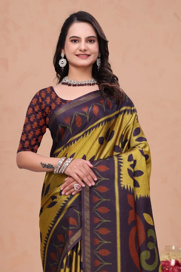 Mustard Purple Mal Cotton Printed Saree with Designer Pallu