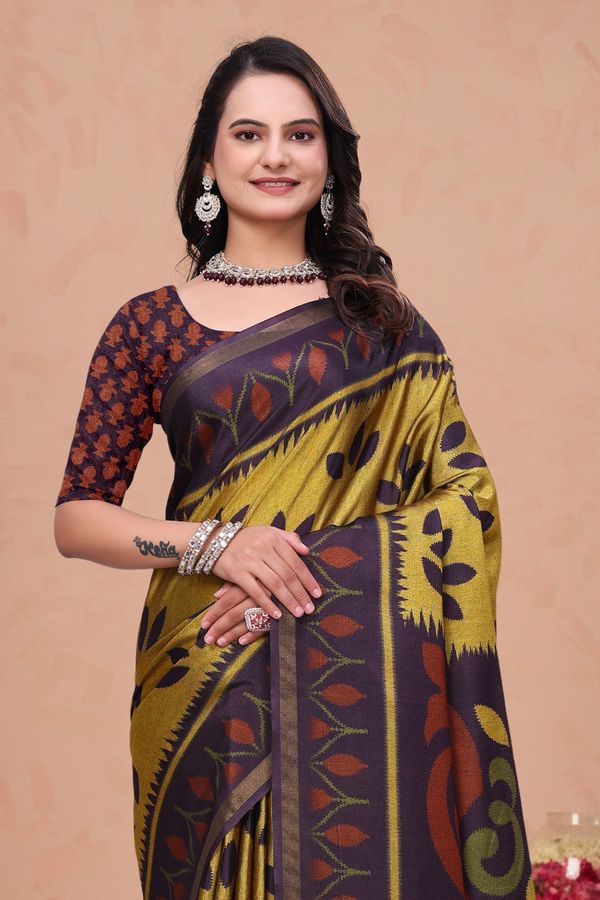 Mustard Purple Mal Cotton Printed Saree with Designer Pallu