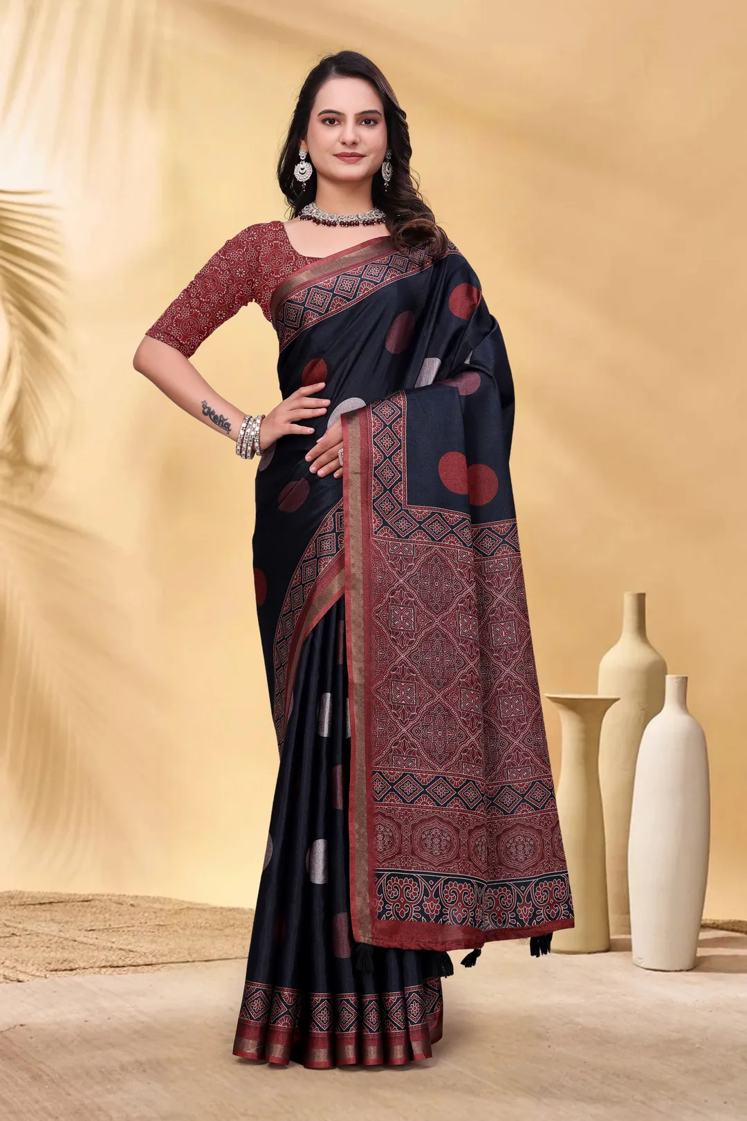 Navy Cotton Saree with Rust Print and Handloom Style Border