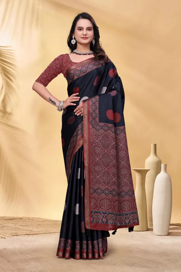 Navy Cotton Saree with Rust Print and Handloom Style Border
