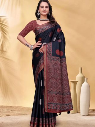 Navy Cotton Saree with Rust Print and Handloom Style Border