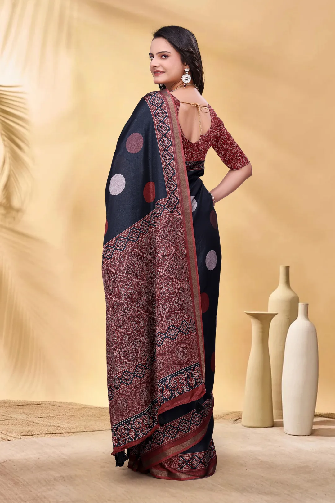 Navy Cotton Saree with Rust Print and Handloom Style Border