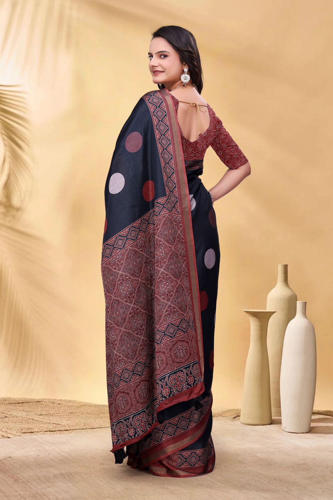 Navy Cotton Saree with Rust Print and Handloom Style Border