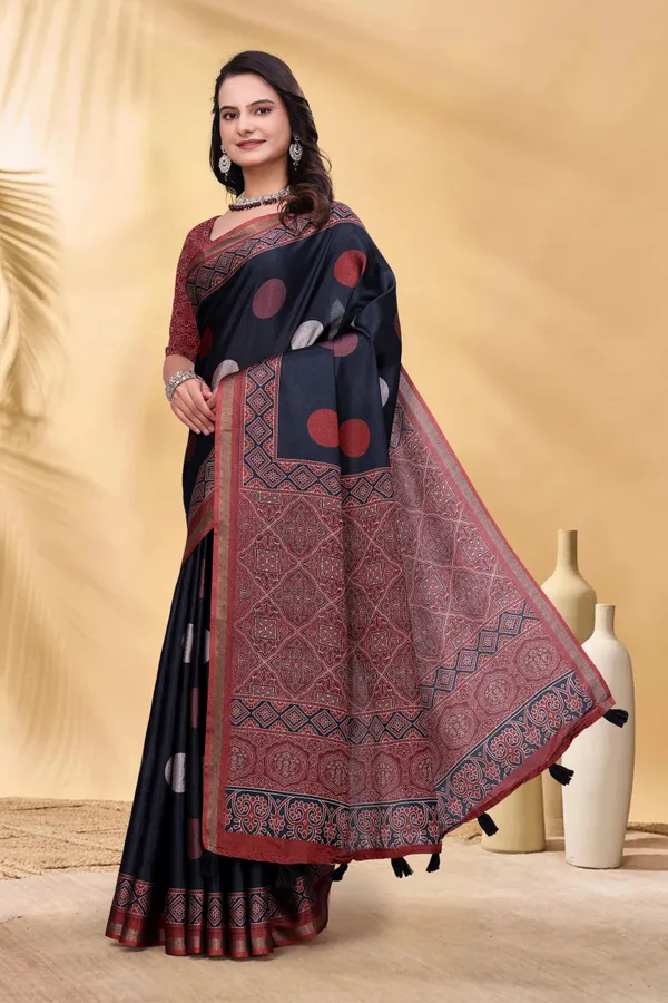 Navy Cotton Saree with Rust Print and Handloom Style Border