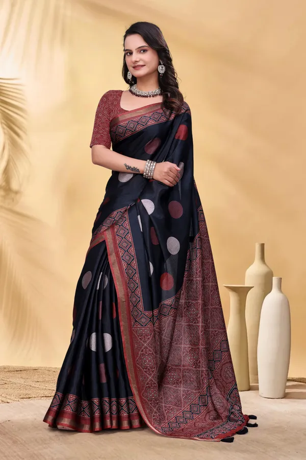 Navy Cotton Saree with Rust Print and Handloom Style Border