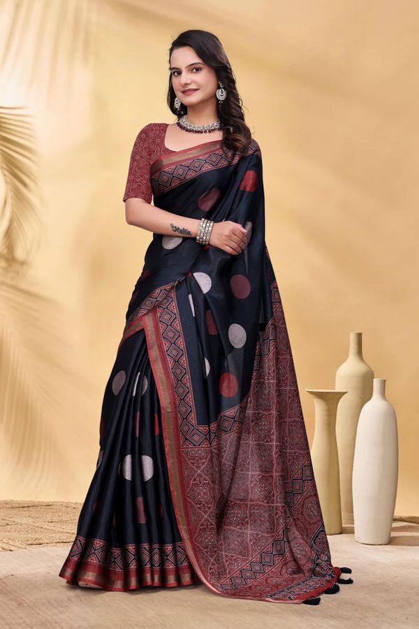 Navy Cotton Saree with Rust Print and Handloom Style Border