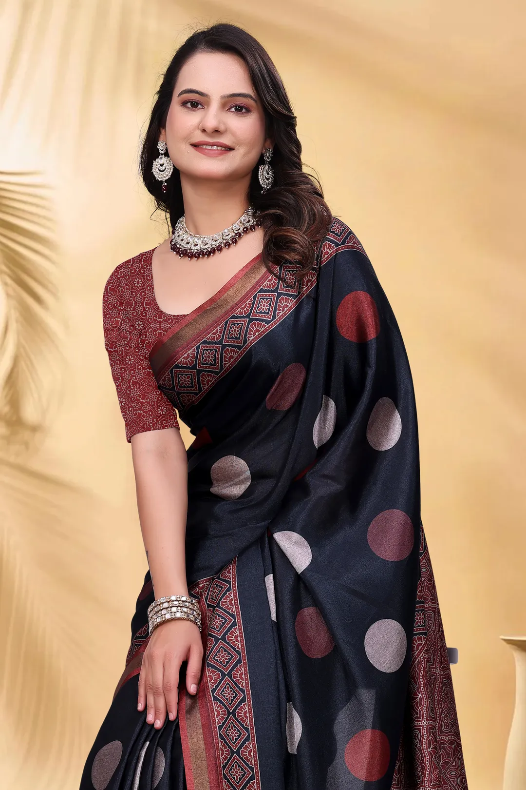 Navy Cotton Saree with Rust Print and Handloom Style Border