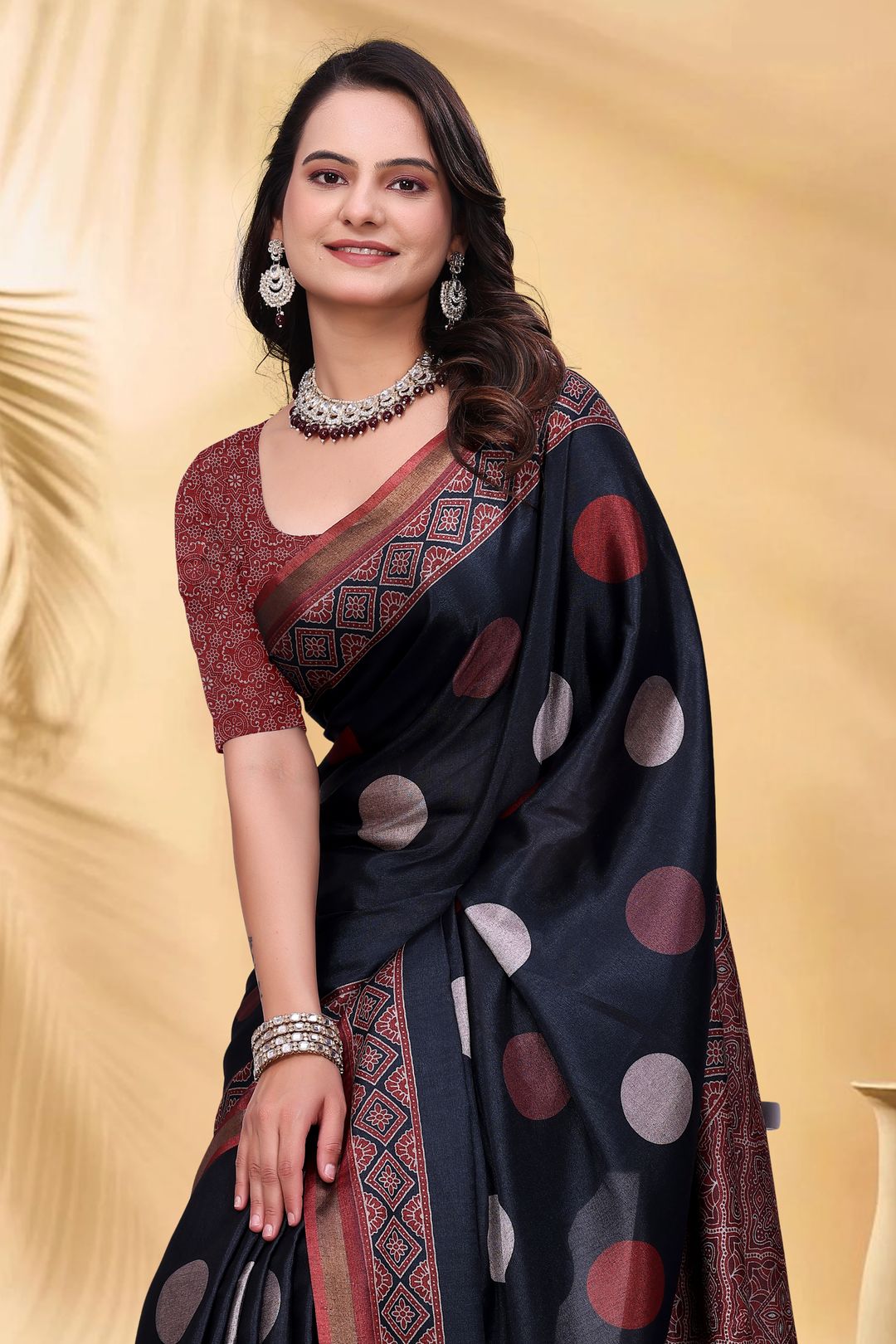 Navy Cotton Saree with Rust Print and Handloom Style Border