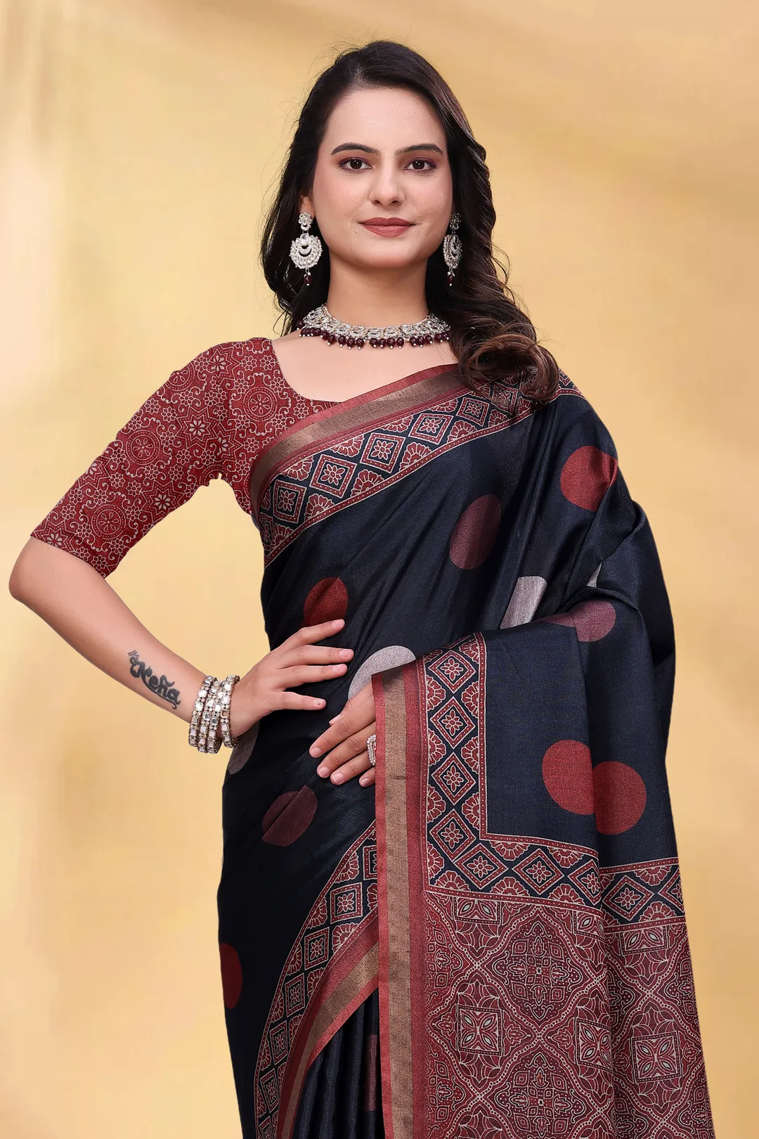 Navy Cotton Saree with Rust Print and Handloom Style Border