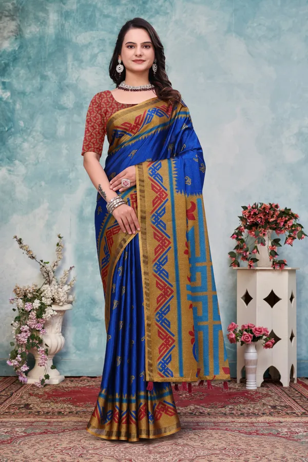 Royal Blue Ethnic Motif Mal Cotton Saree With Gold Border