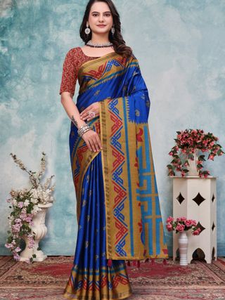 Royal Blue Ethnic Motif Mal Cotton Saree With Gold Border