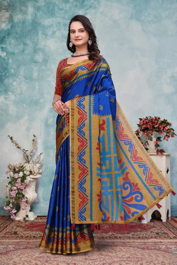 Royal Blue Ethnic Motif Mal Cotton Saree With Gold Border