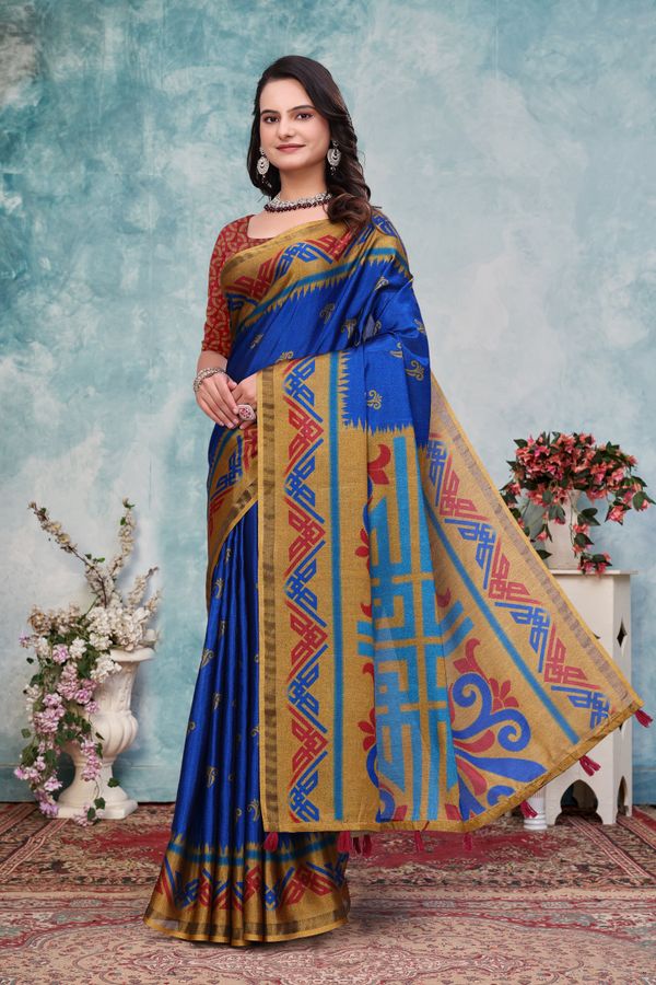 Royal Blue Ethnic Motif Mal Cotton Saree With Gold Border