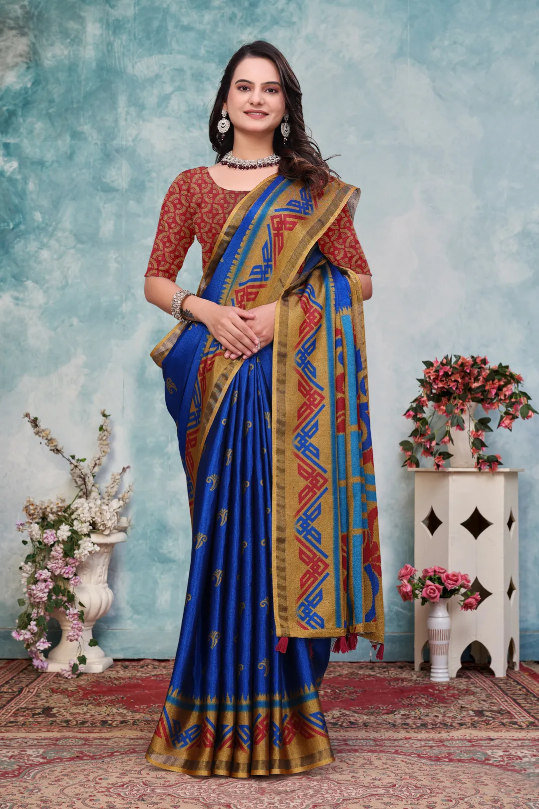 Royal Blue Ethnic Motif Mal Cotton Saree With Gold Border