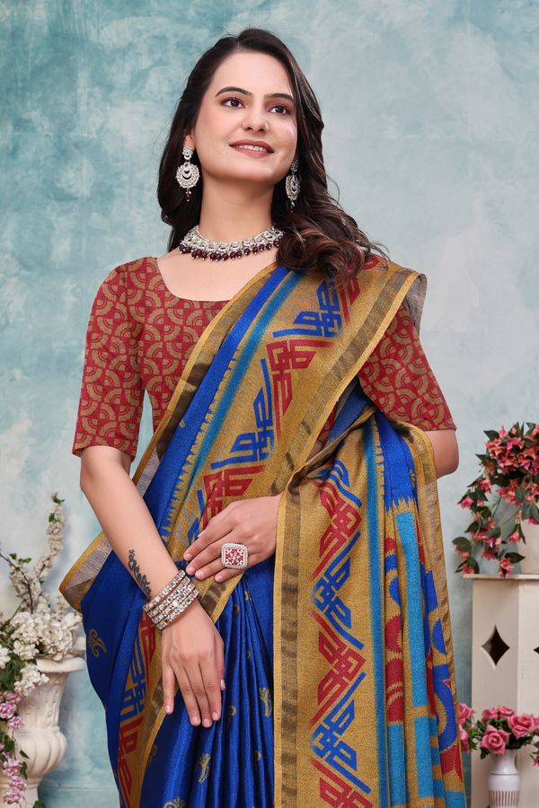 Royal Blue Ethnic Motif Mal Cotton Saree With Gold Border