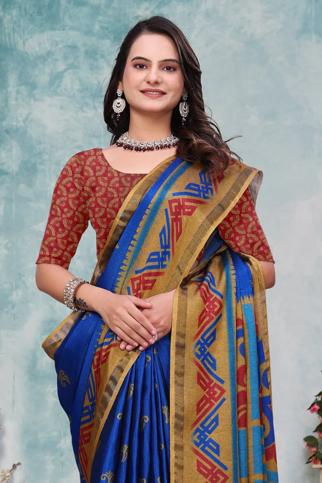 Royal Blue Ethnic Motif Mal Cotton Saree With Gold Border