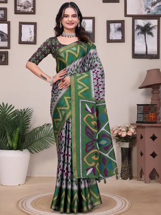 Buy Green Modal Cotton Saree with Geometric Designer Border