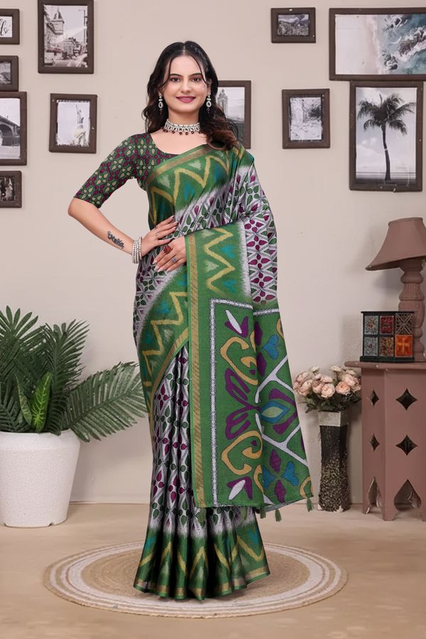 Buy Green Modal Cotton Saree with Geometric Designer Border