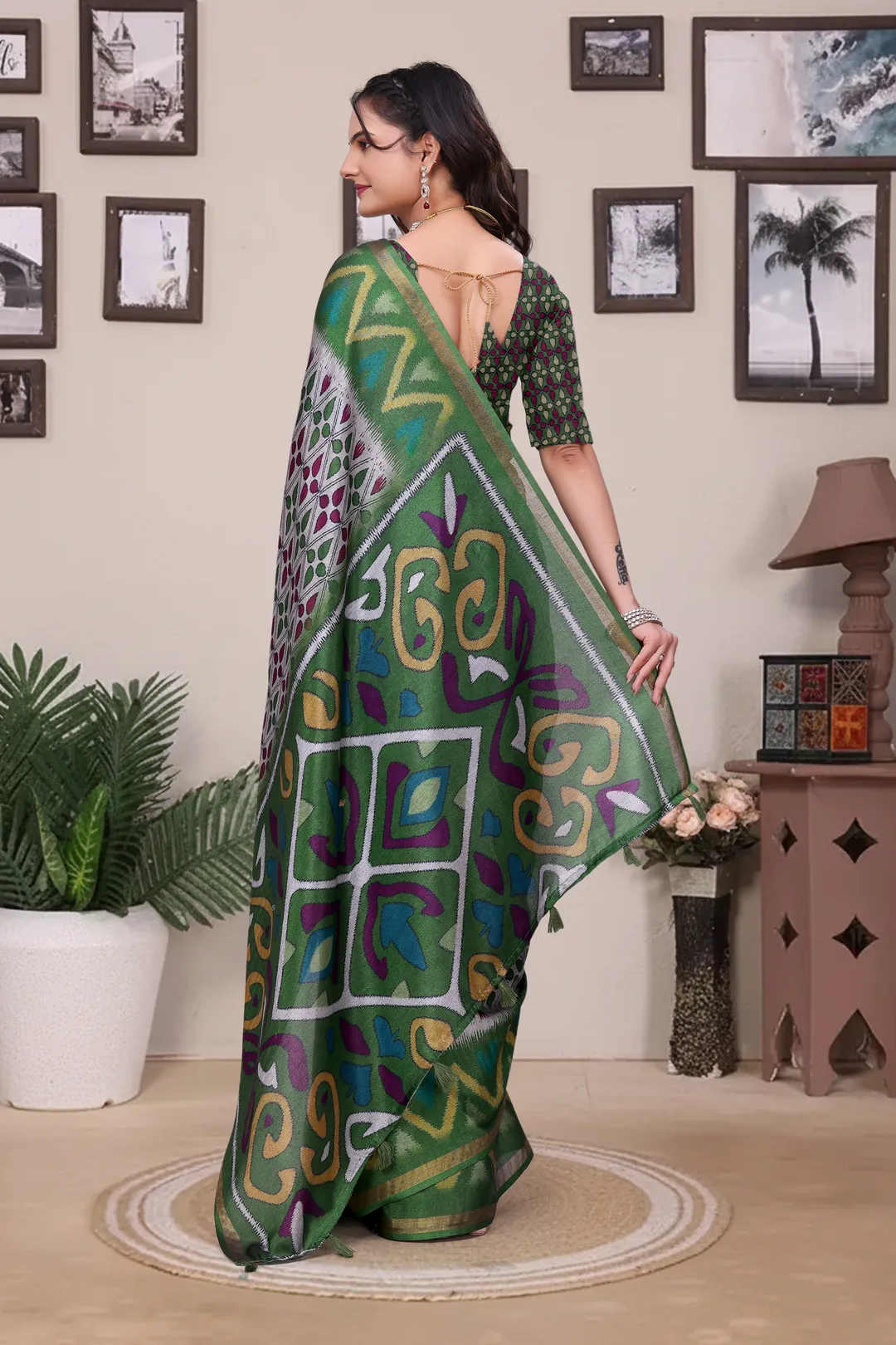 Buy Green Modal Cotton Saree with Geometric Designer Border