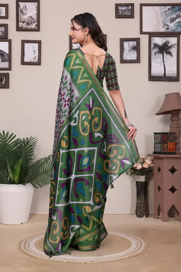 Buy Green Modal Cotton Saree with Geometric Designer Border