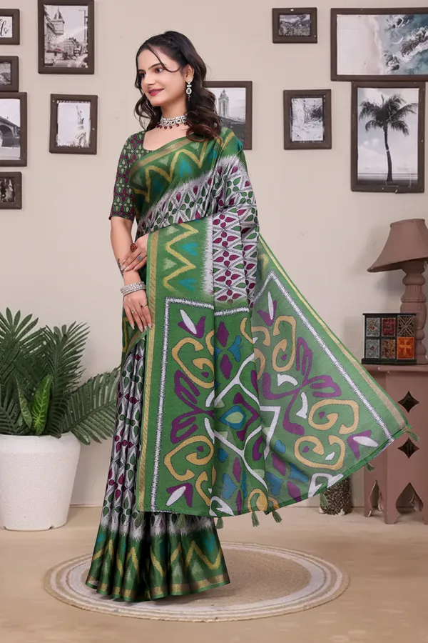 Buy Green Modal Cotton Saree with Geometric Designer Border
