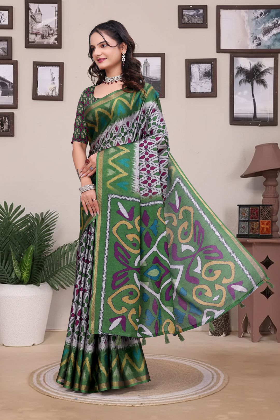 Buy Green Modal Cotton Saree with Geometric Designer Border