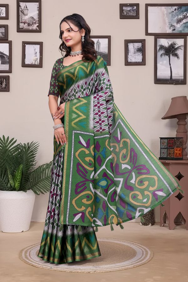 Buy Green Modal Cotton Saree with Geometric Designer Border