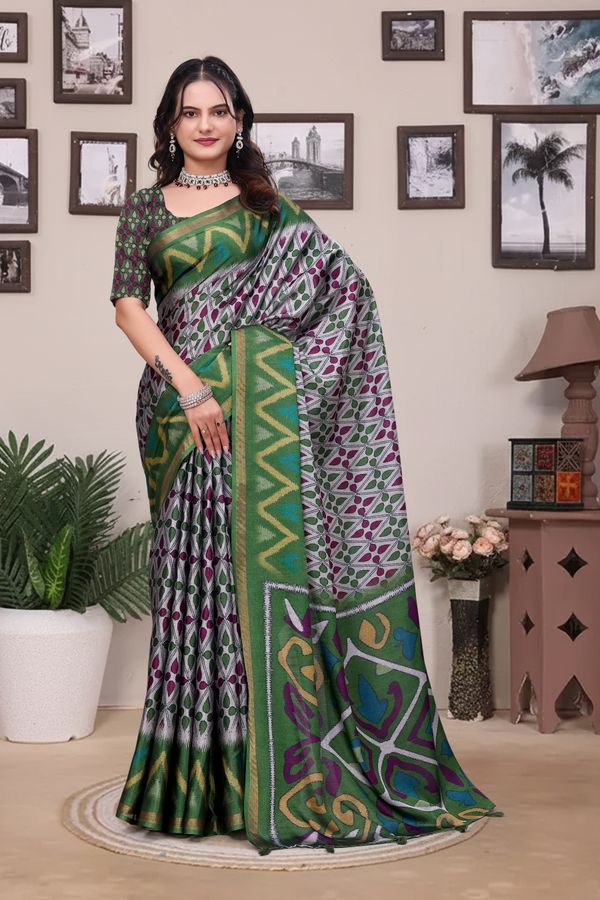 Buy Green Modal Cotton Saree with Geometric Designer Border