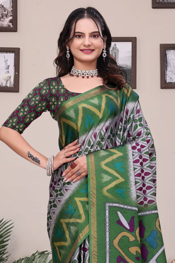 Buy Green Modal Cotton Saree with Geometric Designer Border