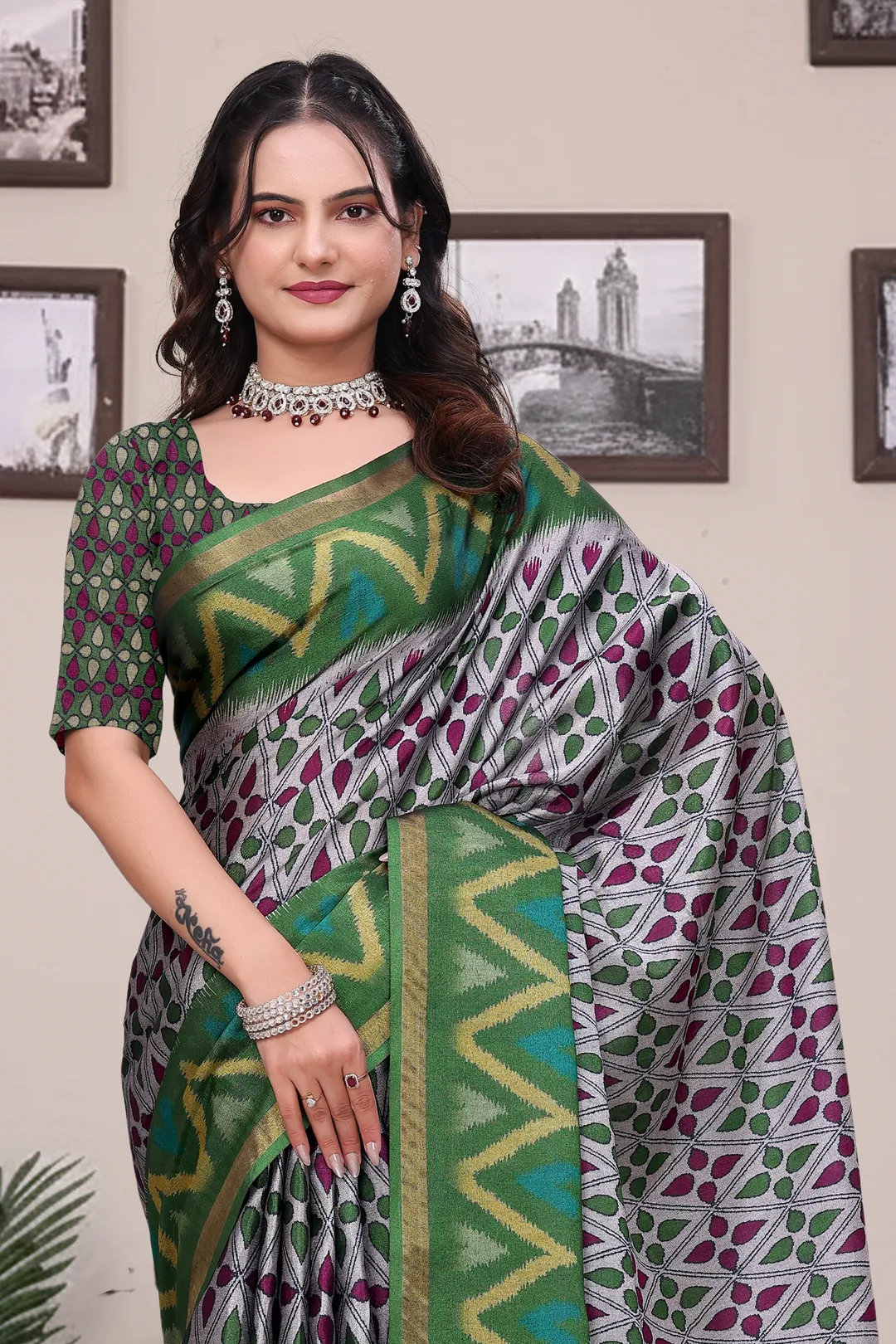 Buy Green Modal Cotton Saree with Geometric Designer Border