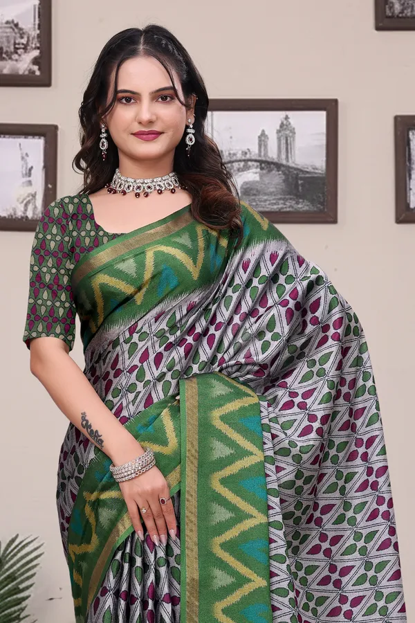 Buy Green Modal Cotton Saree with Geometric Designer Border
