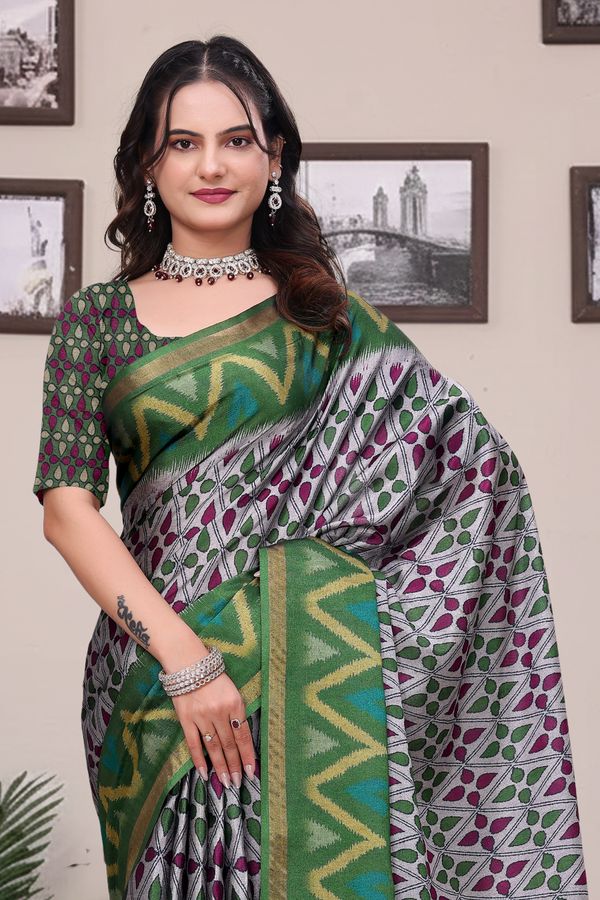 Buy Green Modal Cotton Saree with Geometric Designer Border