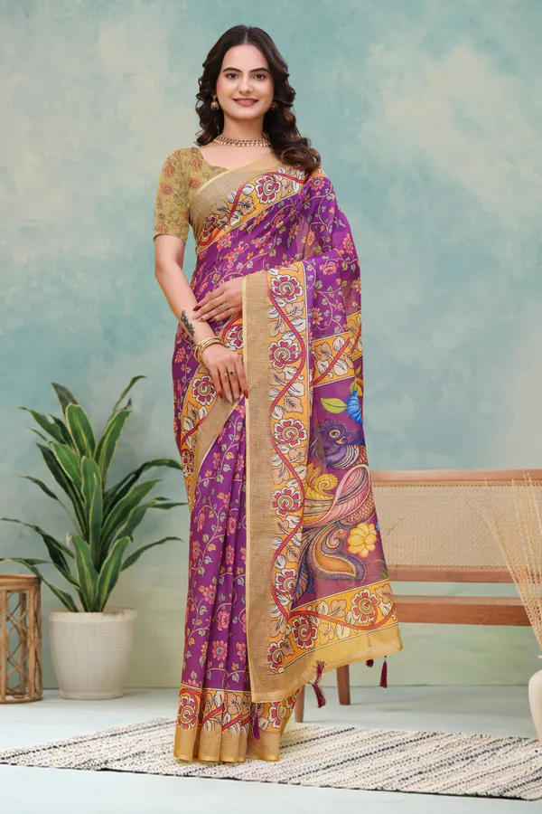 Purple Floral Printed Linen Cotton Saree with Peacock Pallu