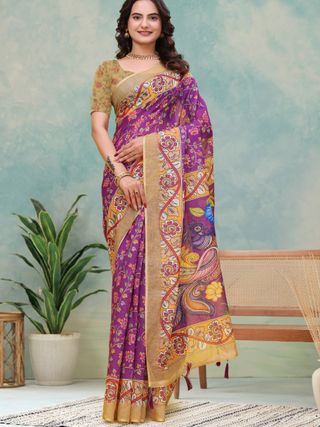 Purple Floral Printed Linen Cotton Saree with Peacock Pallu