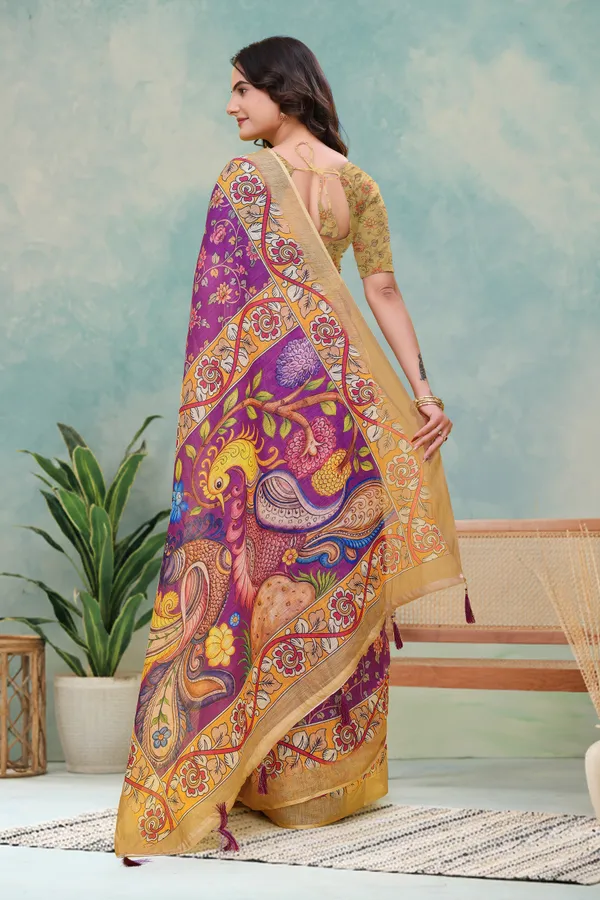 Purple Floral Printed Linen Cotton Saree with Peacock Pallu