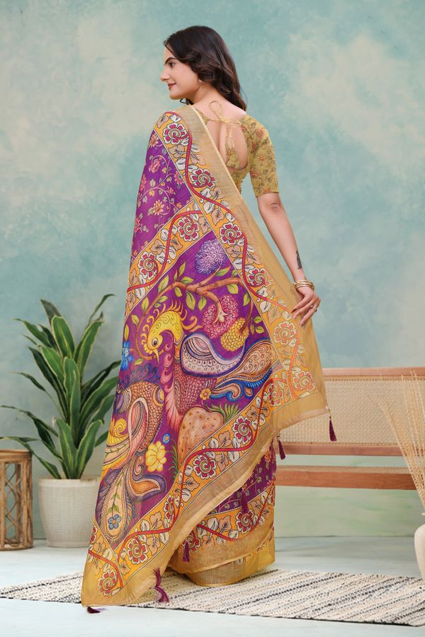 Purple Floral Printed Linen Cotton Saree with Peacock Pallu