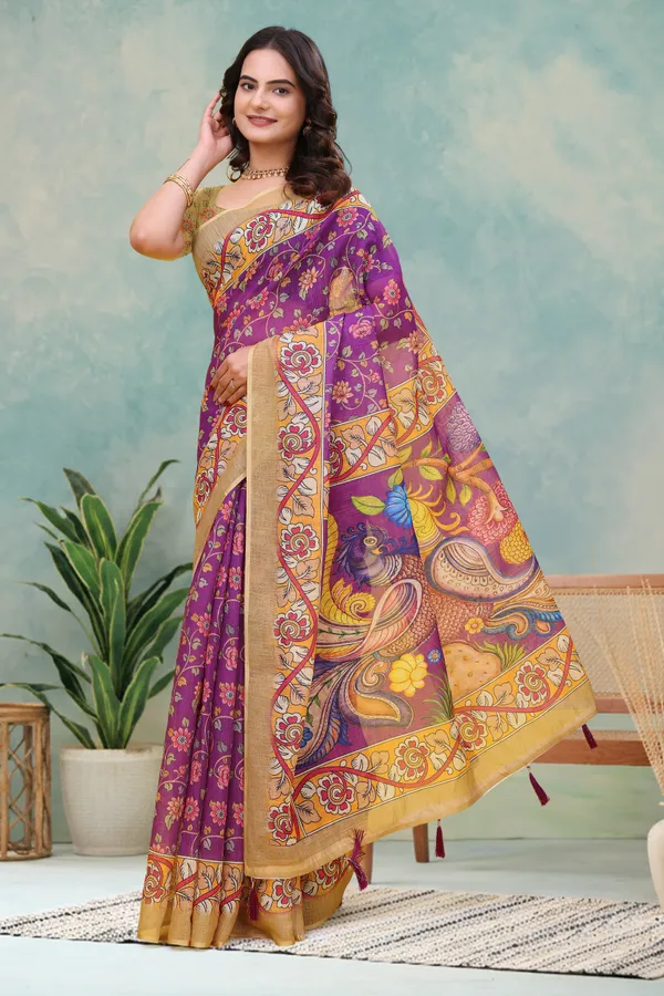 Purple Floral Printed Linen Cotton Saree with Peacock Pallu