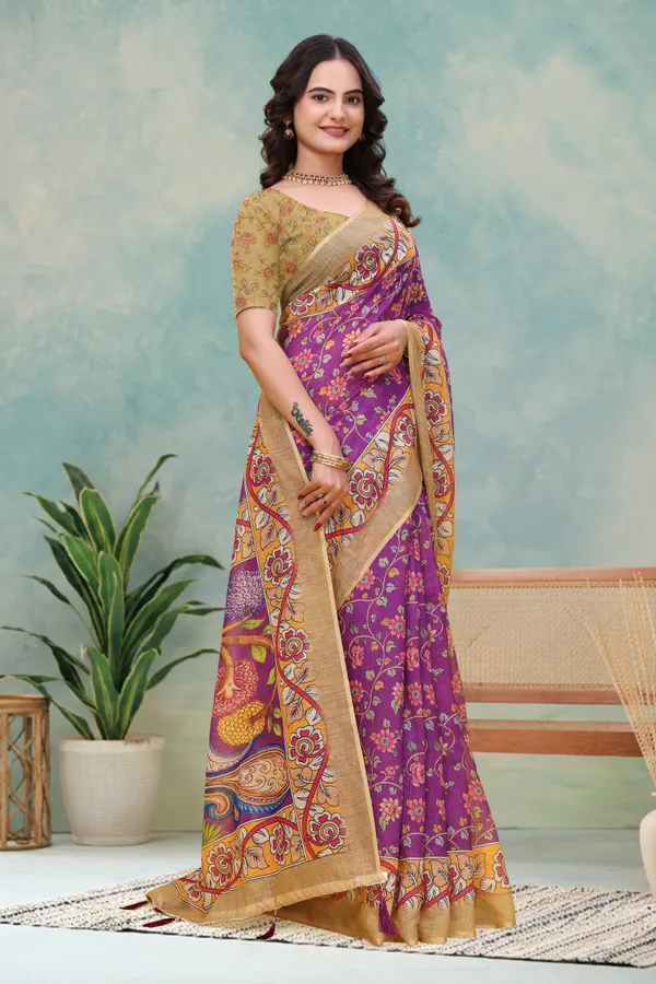 Purple Floral Printed Linen Cotton Saree with Peacock Pallu