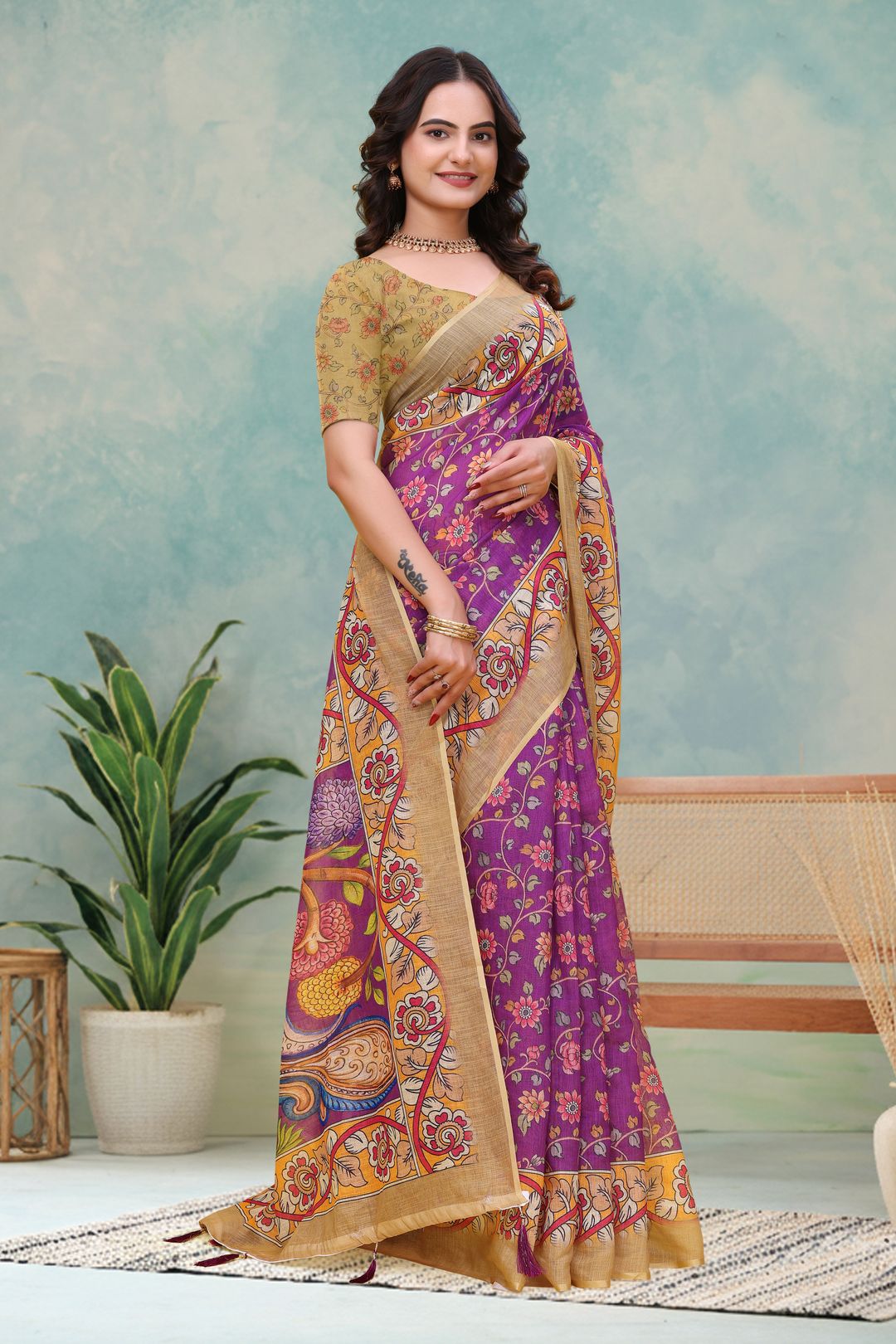 Purple Floral Printed Linen Cotton Saree with Peacock Pallu