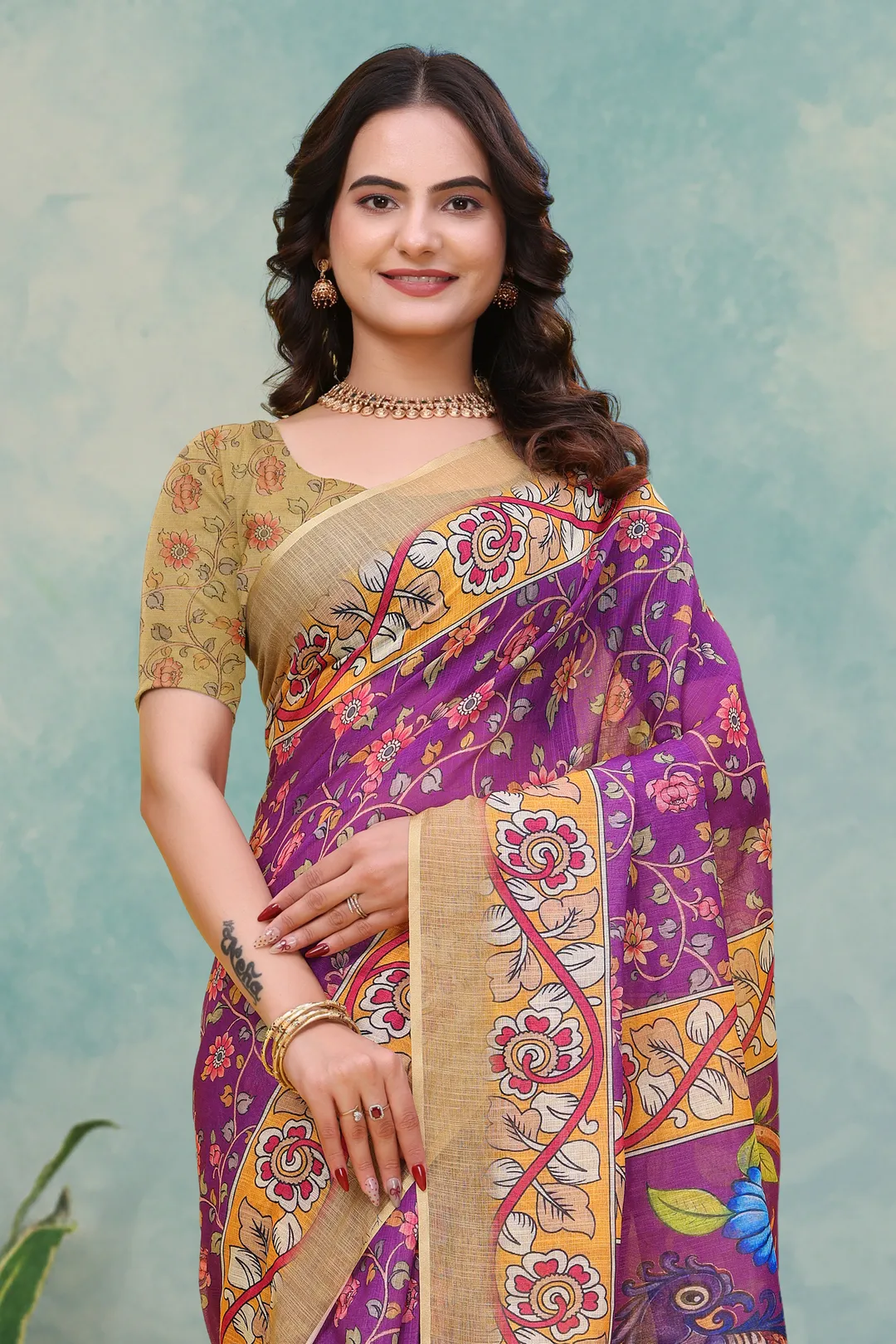 Purple Floral Printed Linen Cotton Saree with Peacock Pallu