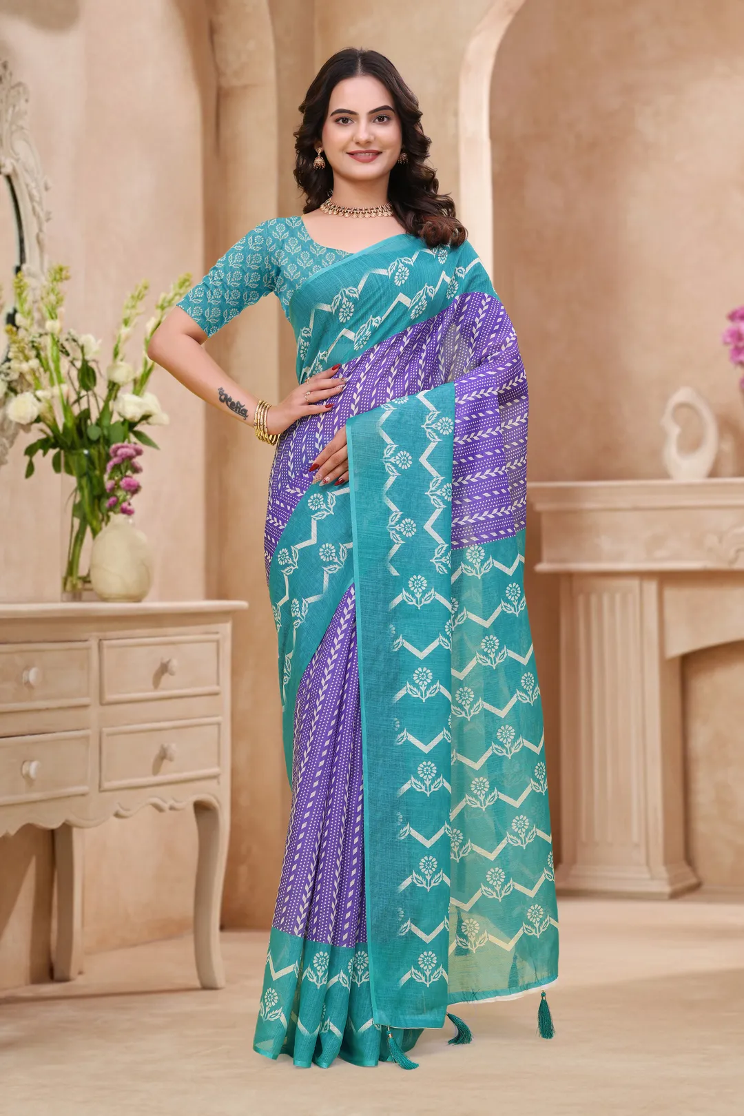Teal Purple Floral Printed Linen Cotton Saree with Border