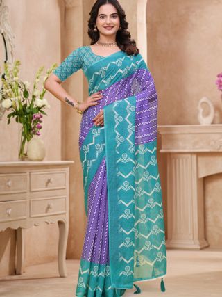 Teal Purple Floral Printed Linen Cotton Saree with Border